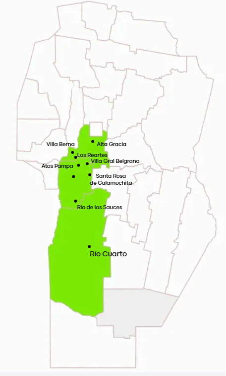 Mapa de la región Valle de Calamuchita de Córdoba