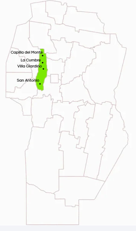 Mapa de la región Valle de Punilla de Córdoba