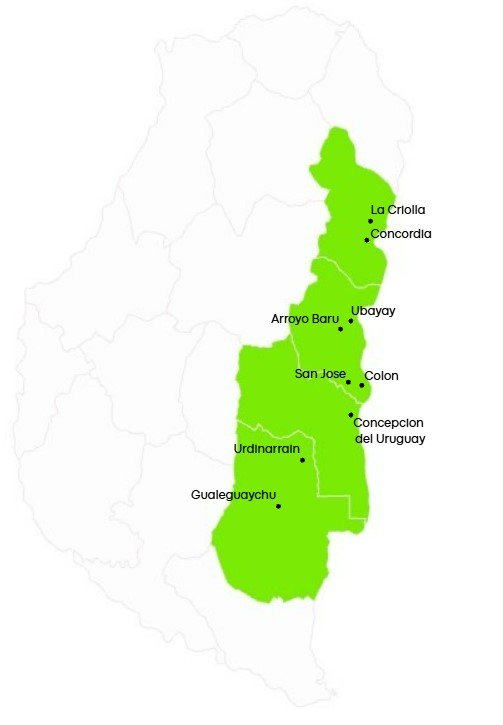 Mapa de la región Costa del Uruguay de Entre Ríos